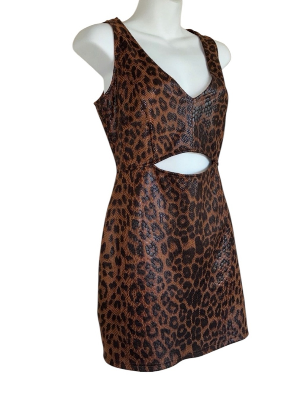 privy Mini Dress, women M, Brown and Copper Leopard-Pattern, Midriff Cutout EUC